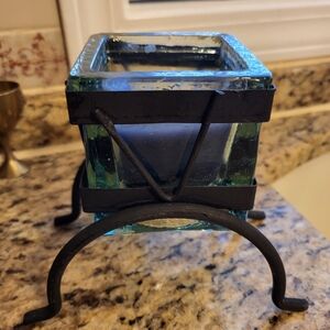 Green Glass Candle Holder with Wrought Iron Metal Stand